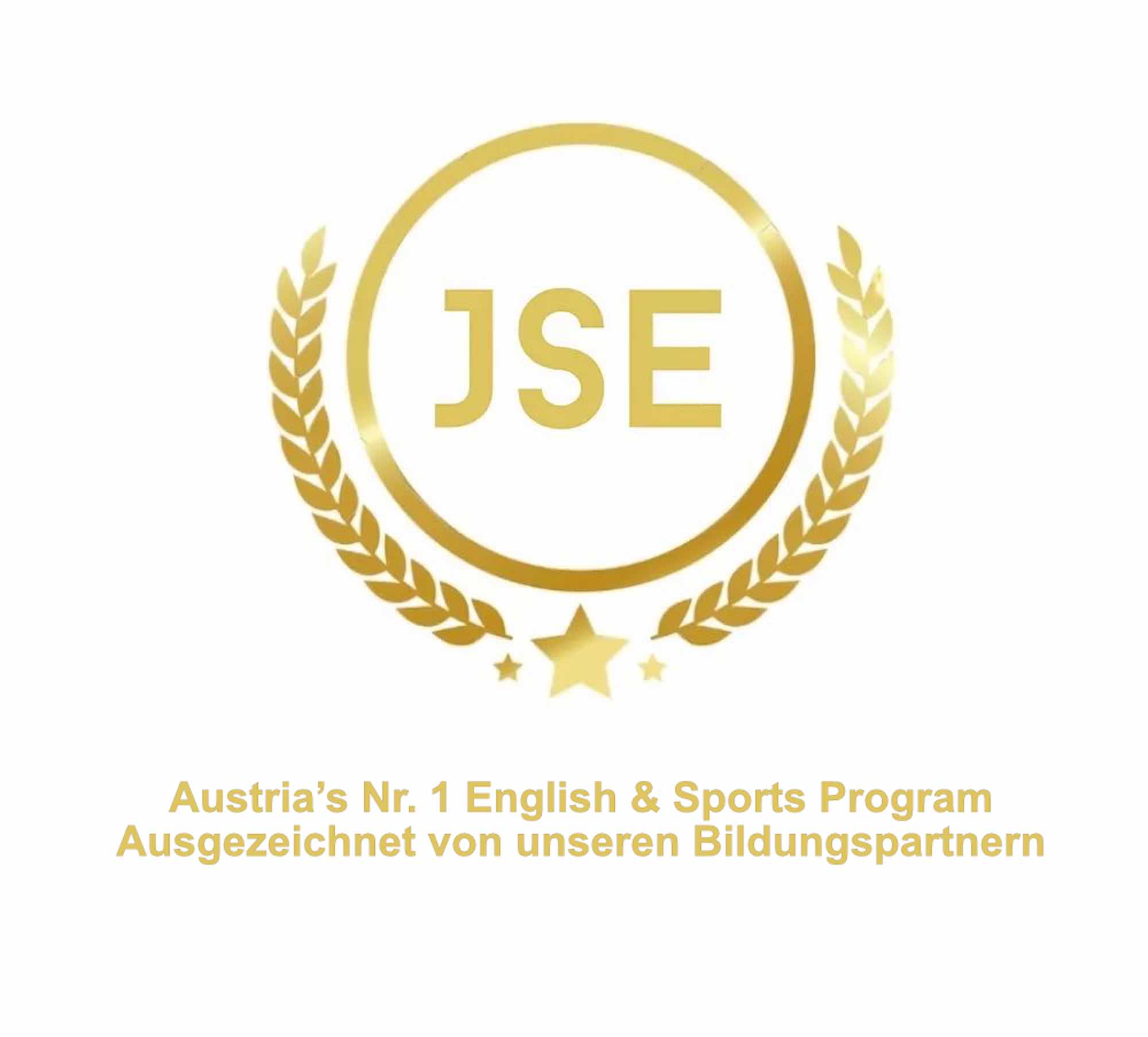 Jump Start English (JSE) Award Logo - Austria's #1 English & Sports Program. Gold laurel wreath emblem with JSE initials and stars.